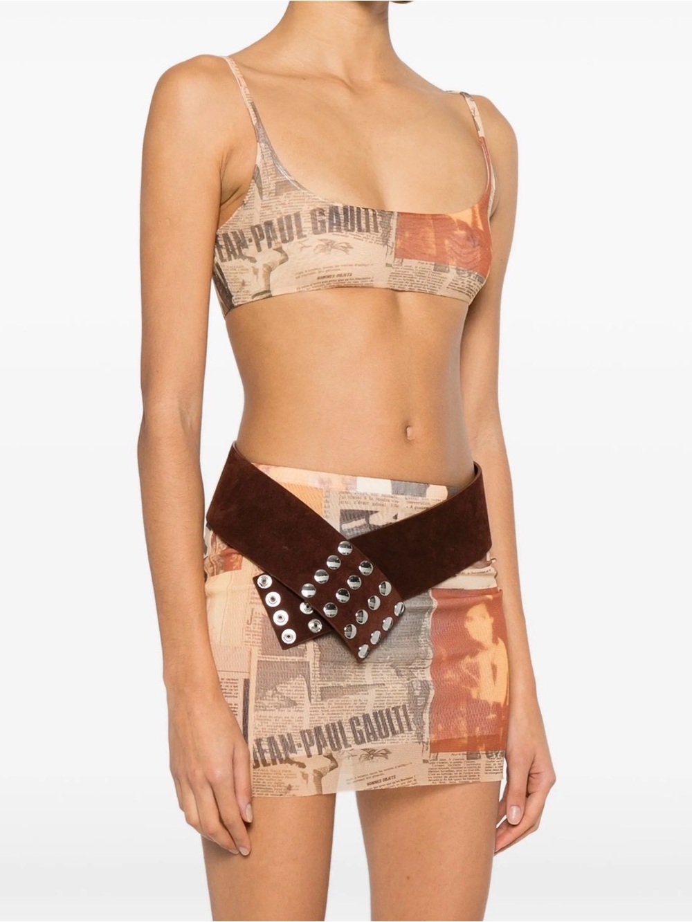 Jean Paul Gaultier Beige Newsprint Mesh Mini Skirt And Top